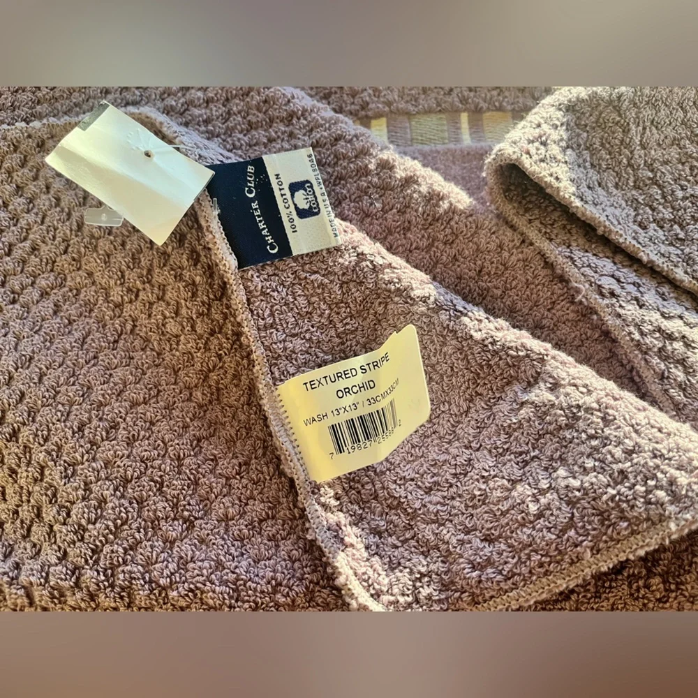 NWT Charter Club Textured Stripe Orchid Mauve 100% Cotton Two Washcloths 13